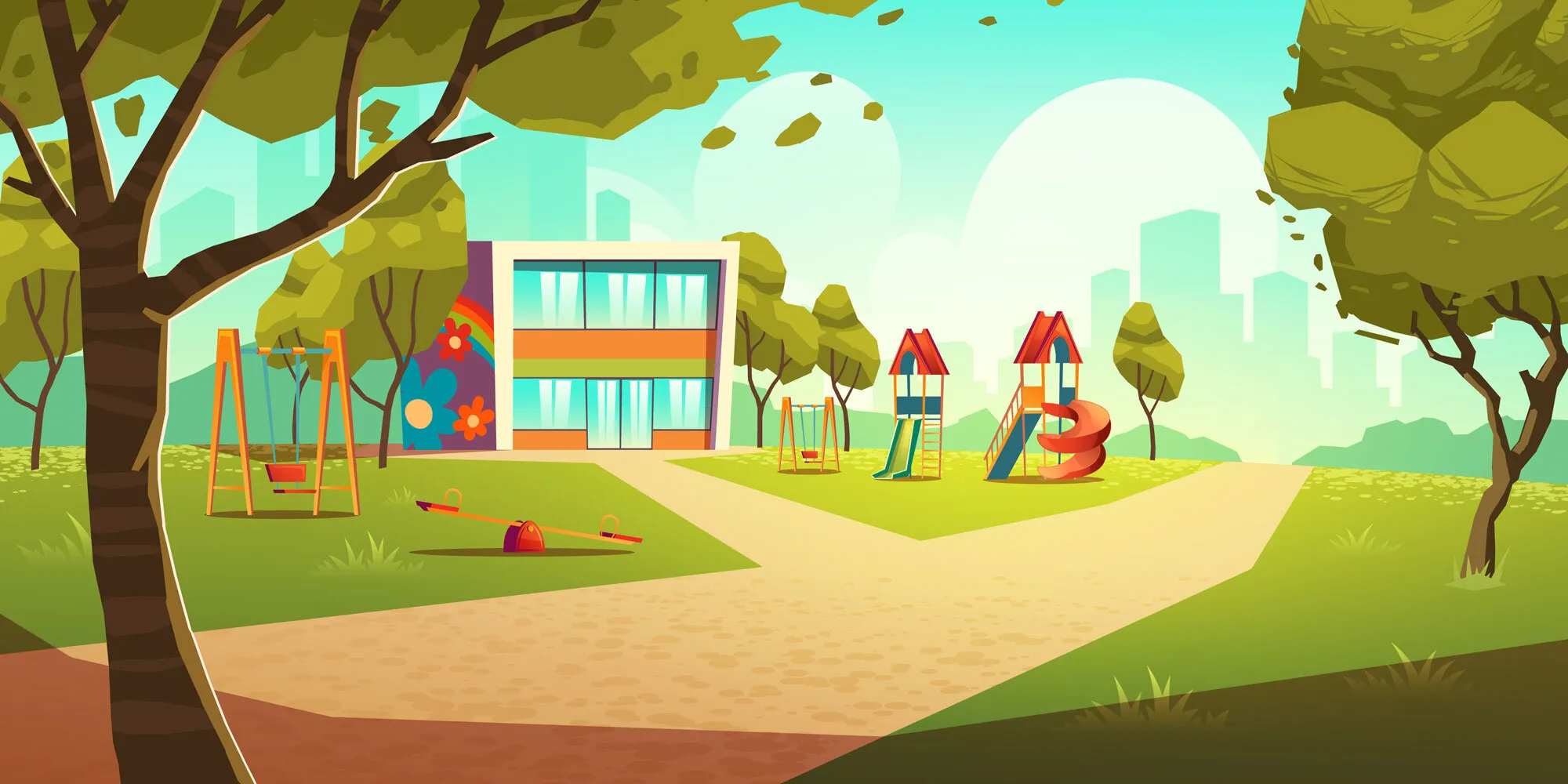 A sunny playground with swings, a slide and a colourful crèche building