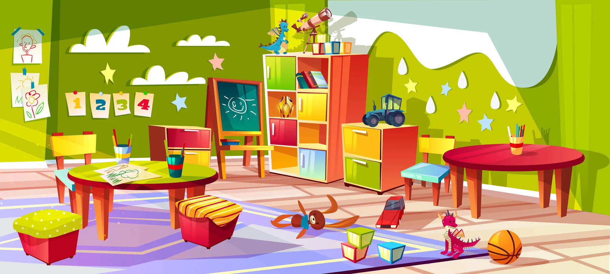 A playroom with little tables, a chalkboard, shelves of toys and drawings on the wall